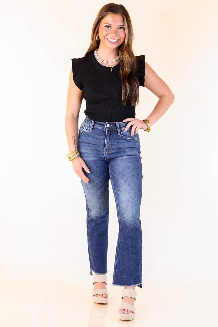 Flirty Frill Scoop Neck Top with Ruffle Sleeves in Black