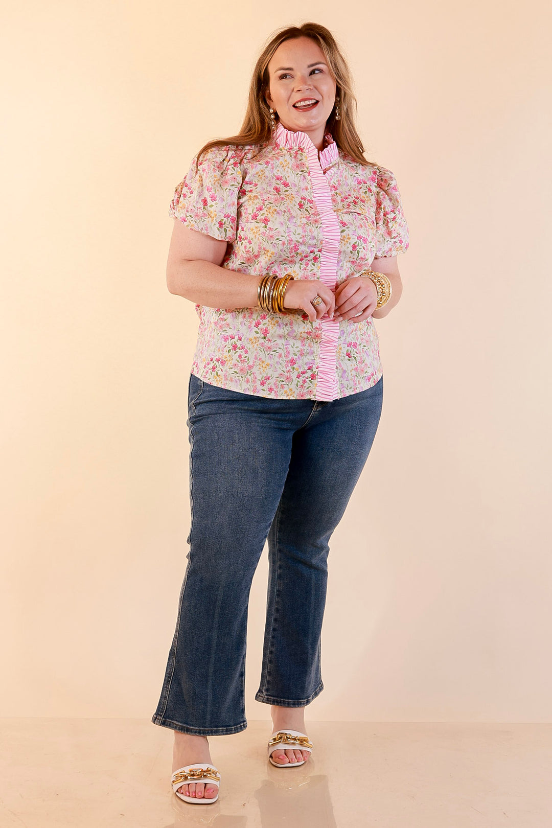 Bloom with Grace Short Puff Sleeve Ruffle Trim Button Front Floral Peplum Top in Pink