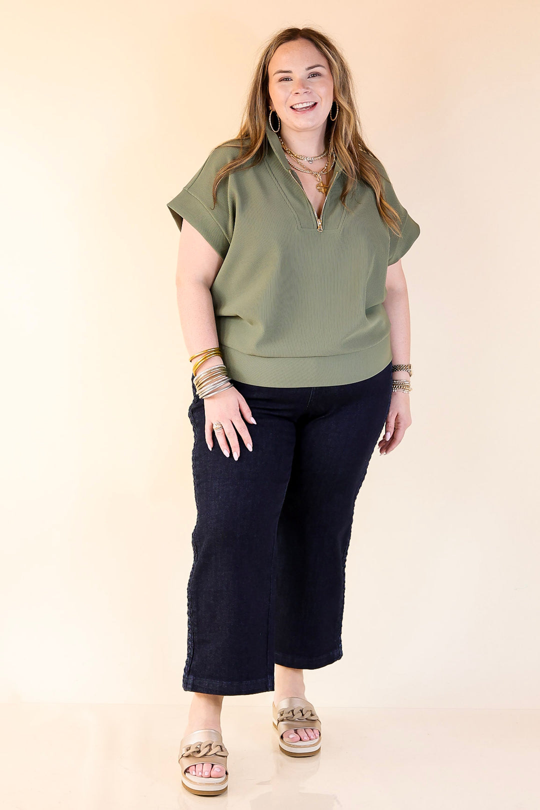 Top Priority Half Zip Collared Ribbed Top in Olive Green