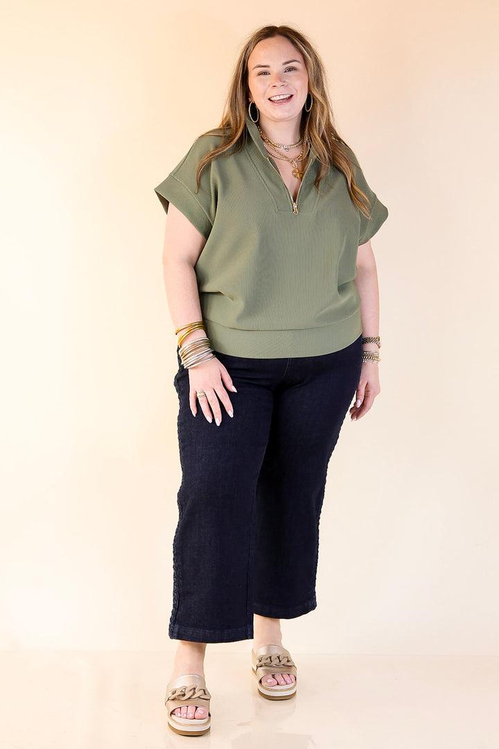 Top Priority Half Zip Collared Ribbed Top in Olive Green