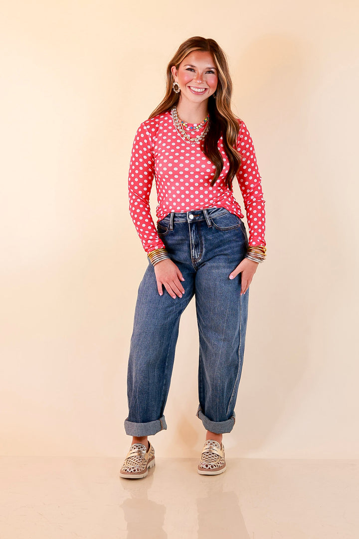 The Essential Layer White Polka Dot Print Sheer Mesh Long Sleeve Top in Hot Pink