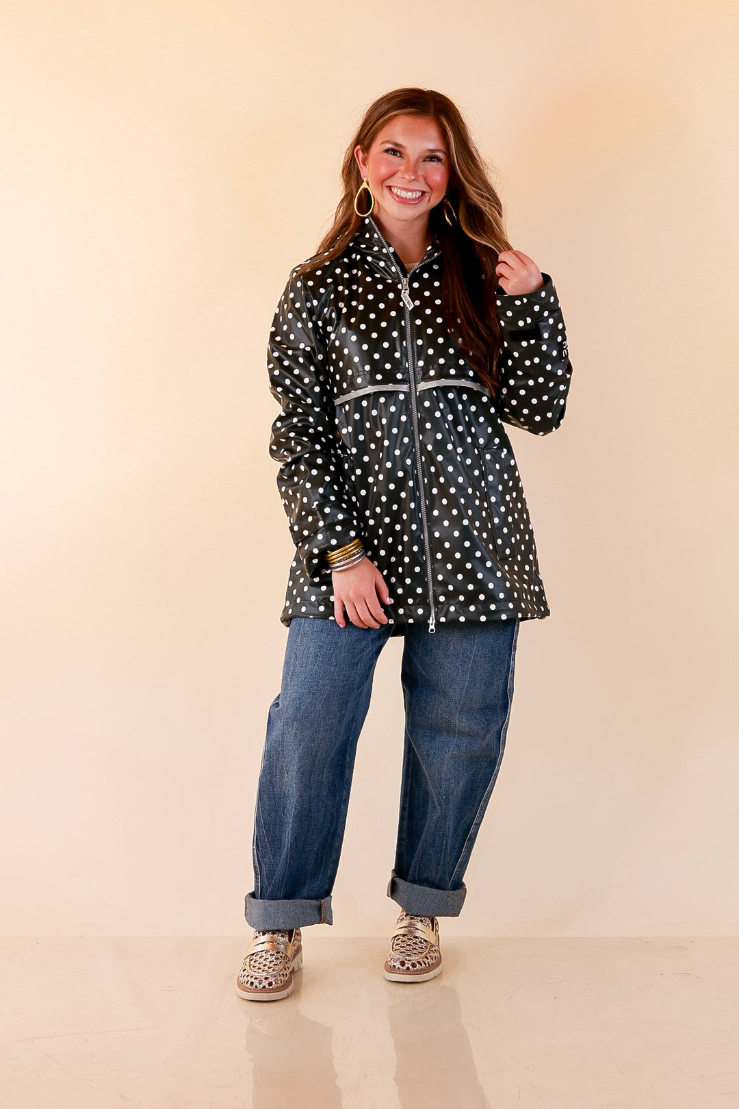 Lulu Mac | Chic Forecast Ivory Polka Dot Hooded Rain Jacket in Black