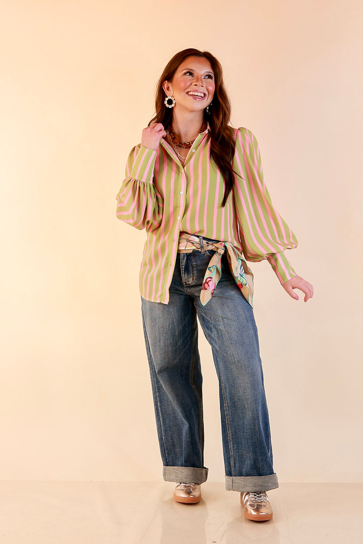 Better Together Stripe Button Up Collared Top with Poofy Sleeves in Olive Green and Pink