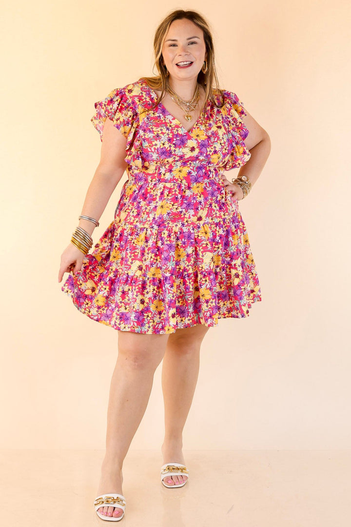 Blooming Beauty Floral V Neck Dress with Ruffle Cap Sleeves in Pink
