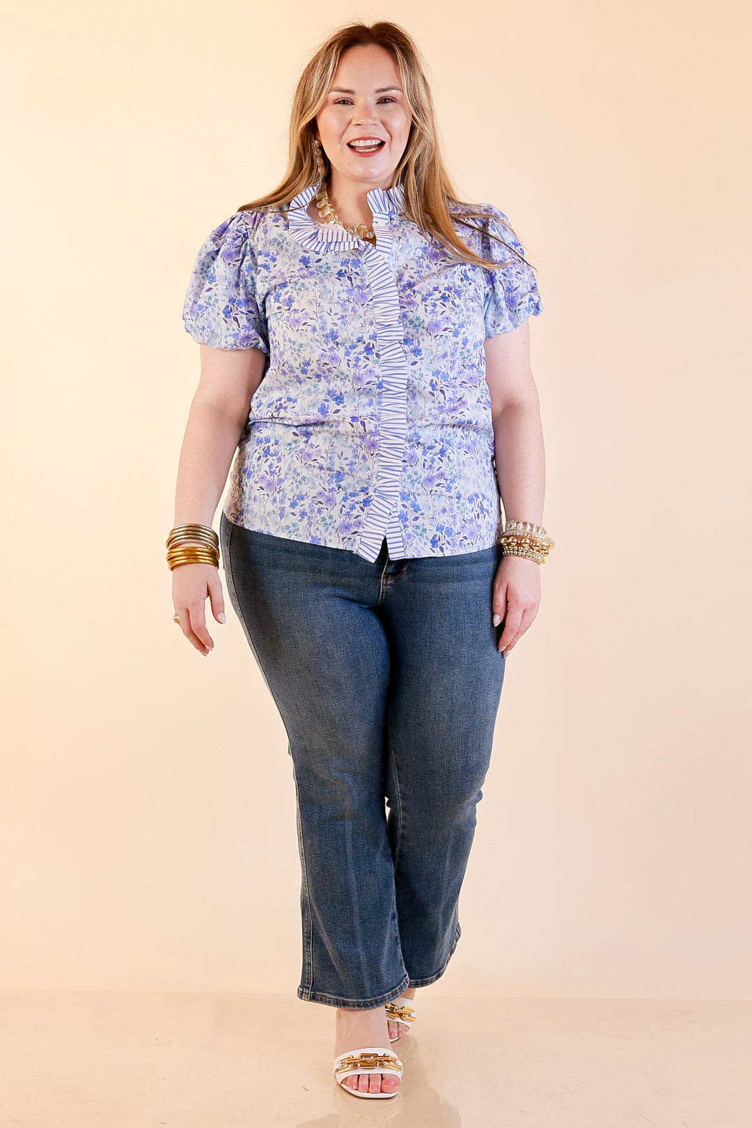 Bloom with Grace Short Puff Sleeve Ruffle Trim Button Front Floral Peplum Top in Blue
