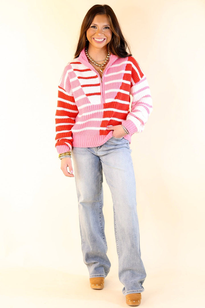 Sweetheart Stripe Half Zip Striped Sweater in Red and Pink
