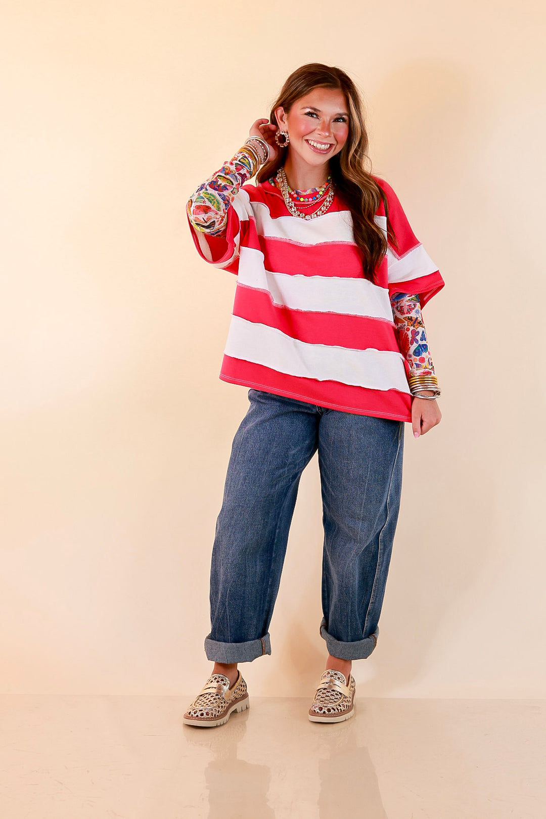 Simply Styled Color Block Rugby Style Relaxed Short Sleeve Top in Hot Pink