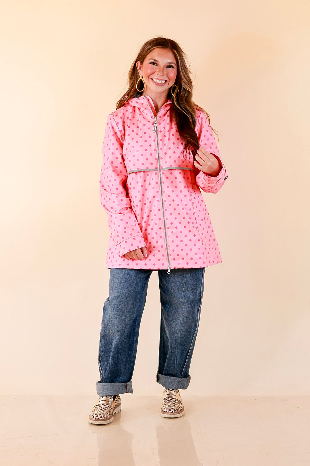 Lulu Mac | Chic Forecast Polka Dot Hooded Rain Jacket in Pink