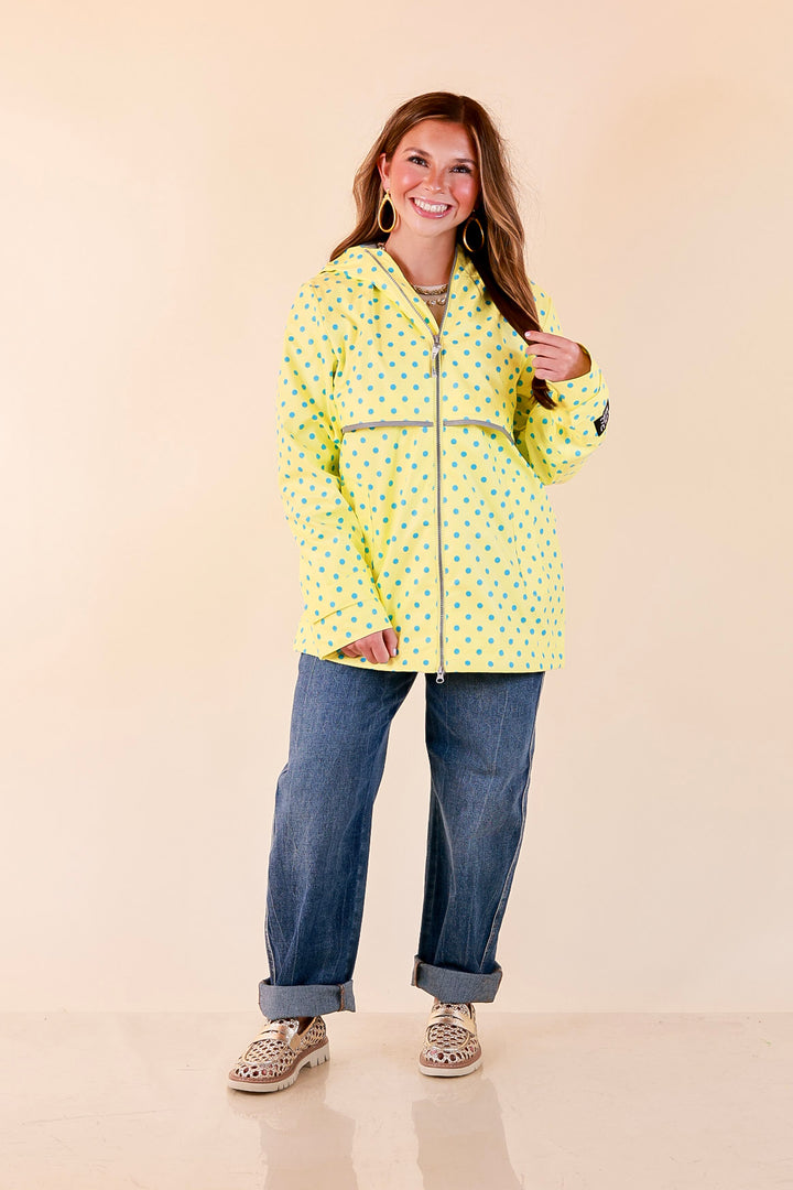 Lulu Mac | Chic Forecast Turquoise Blue Polka Dot Hooded Rain Jacket in Yellow