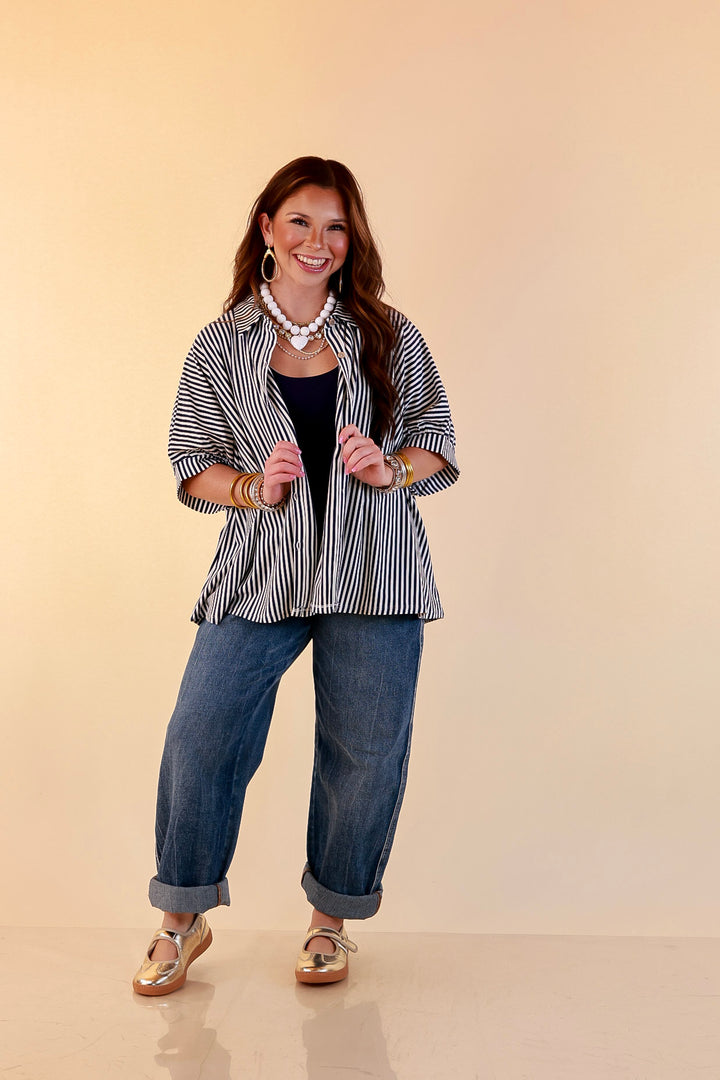 Perfectly Aligned Button Down Collared Top with Vertical Ivory Stripe Detail in Navy Blue
