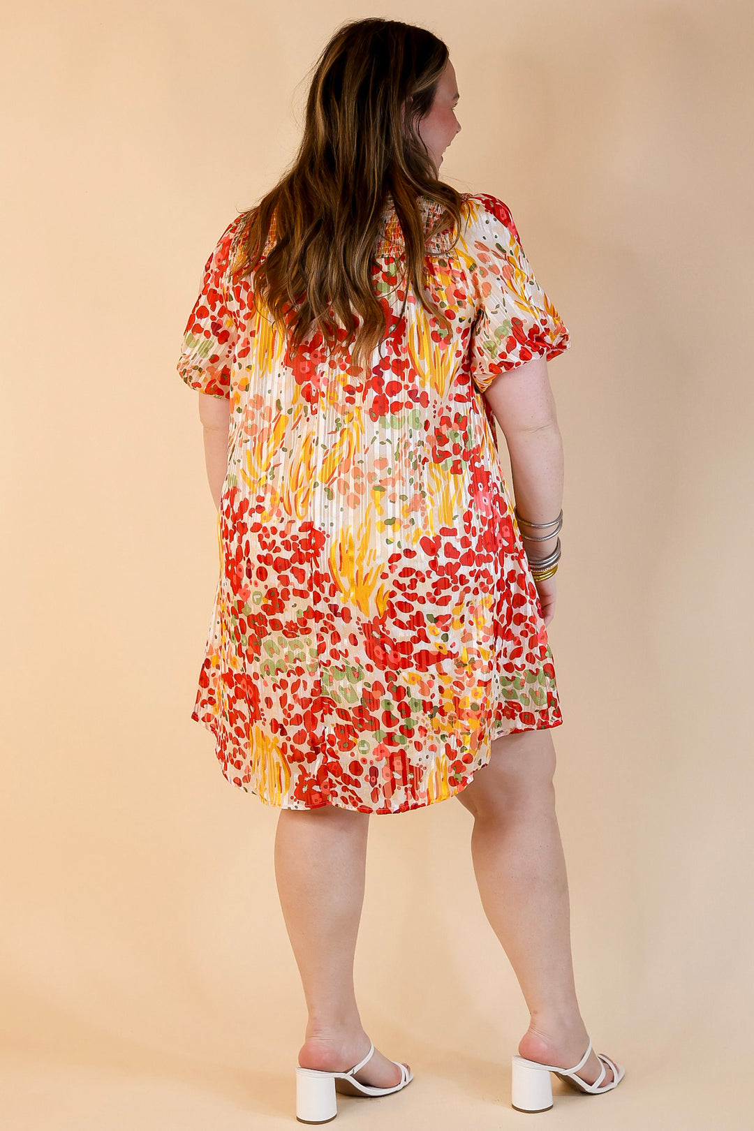 Simply Radiant Mix Floral Print Dress with Short Sleeves in Red and Yellow Mix