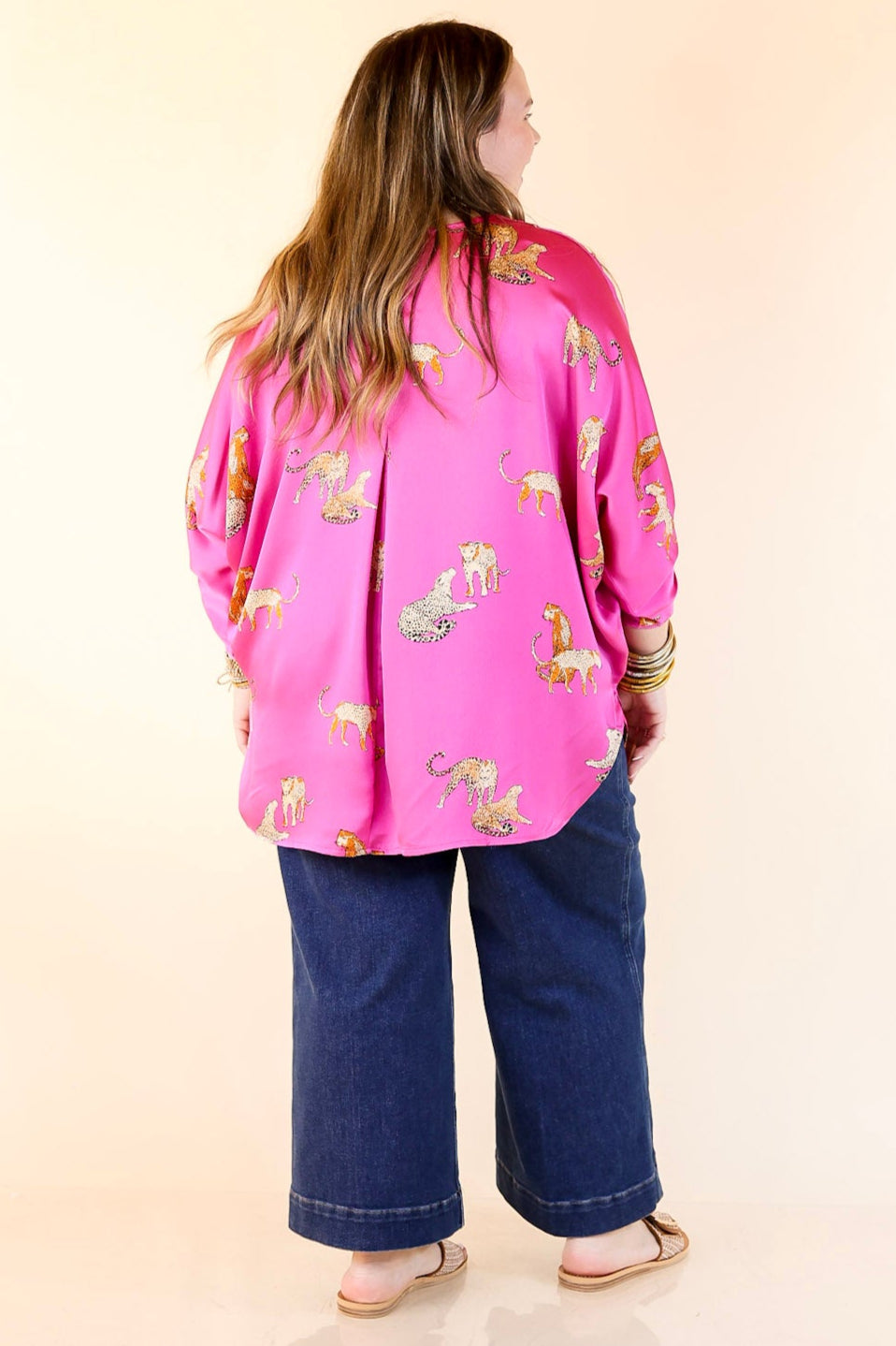 Staying Wild V-Neck Leopard Print 3/4 Sleeve Blouse in Hot Pink