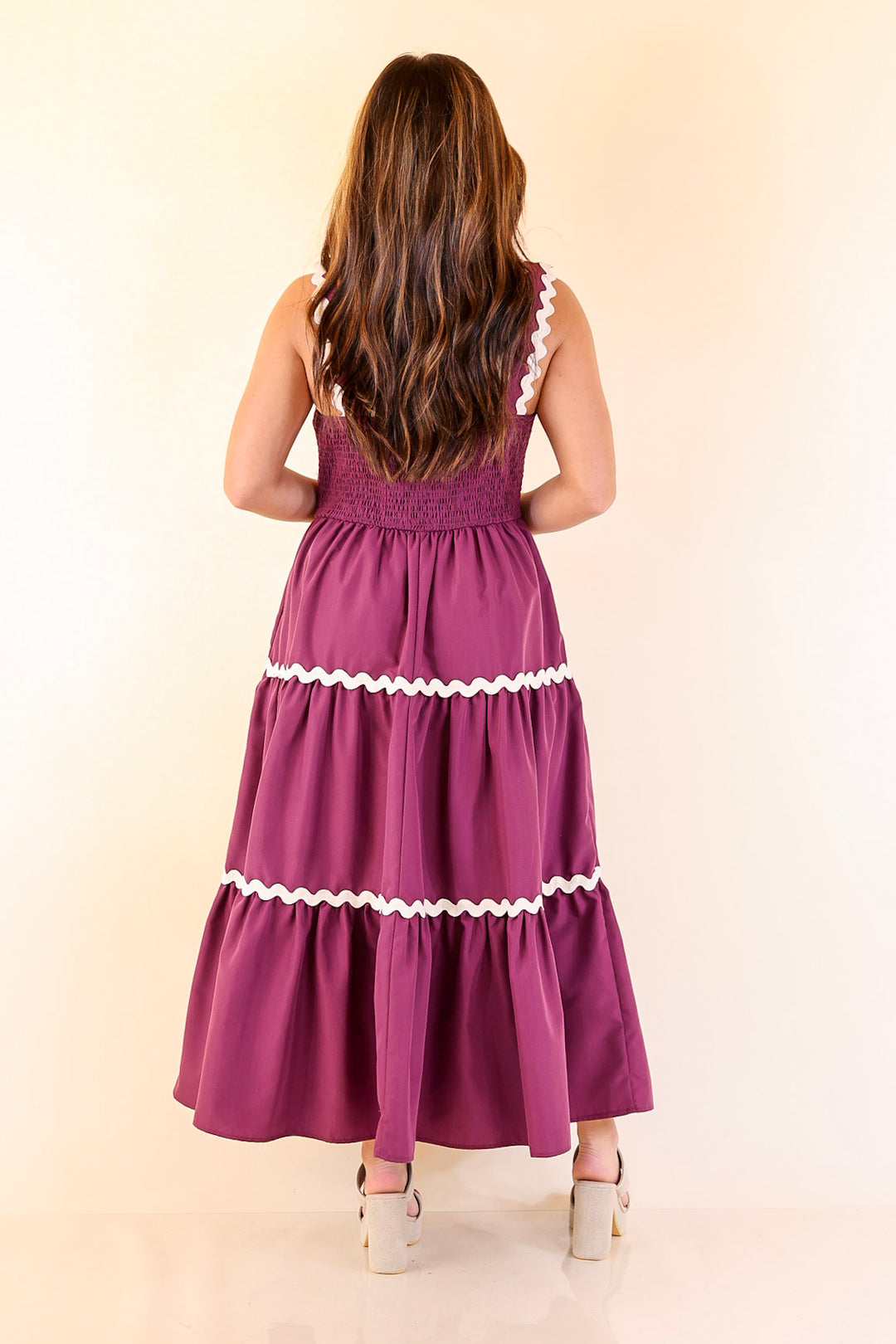Timeless Twirl Midi Dress with Rickrack Detailing in Plum Maroon