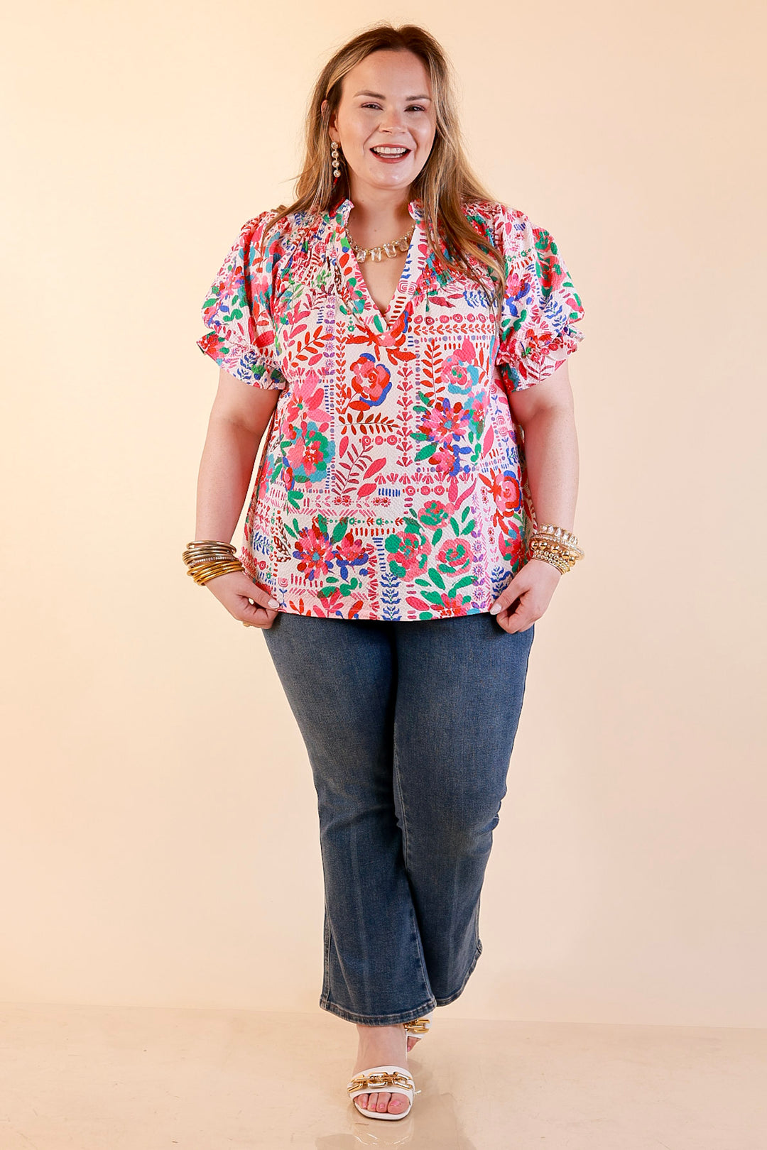 Blooming Grace Floral Print Top with Split Neckline and Puff Sleeves in Blush Mix