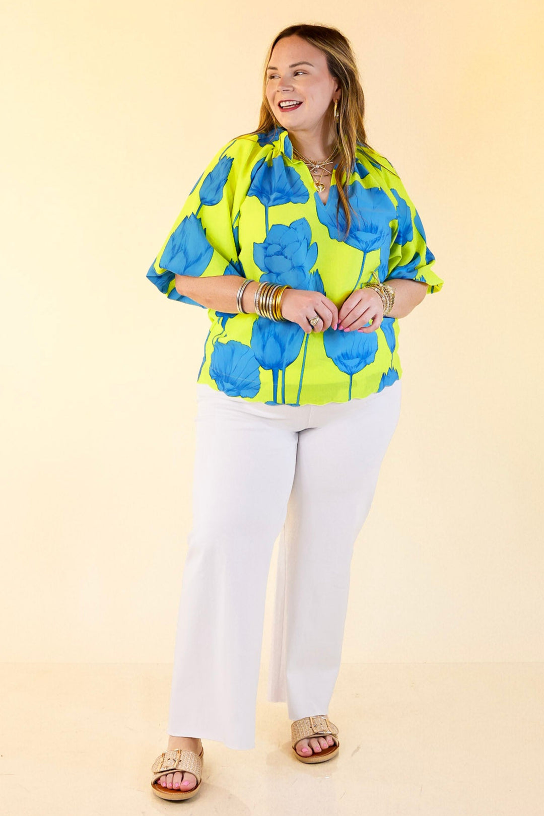 Puff & Petal V-Neck Blue Flower Print with Collar in Lime Green