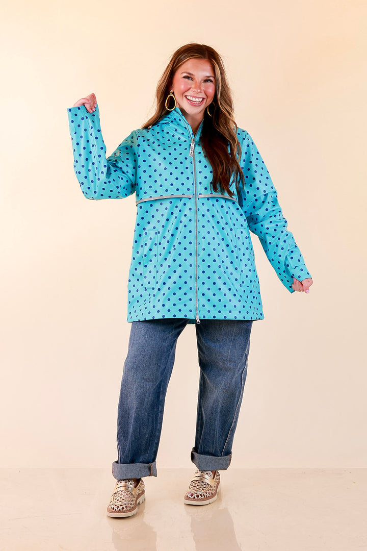 Lulu Mac | Chic Forecast Navy Blue Polka Dot Hooded Rain Jacket in Turquoise Blue