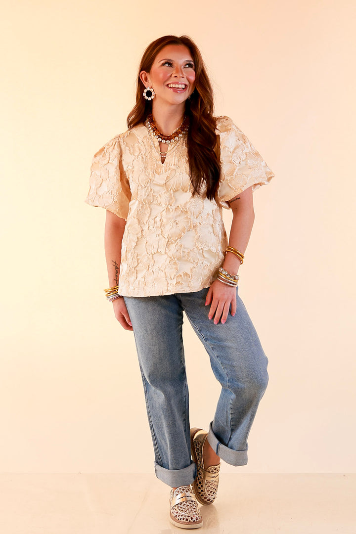 Pretty in Practice Textured Floral Print Puff Sleeve Blouse in Champagne Ivory