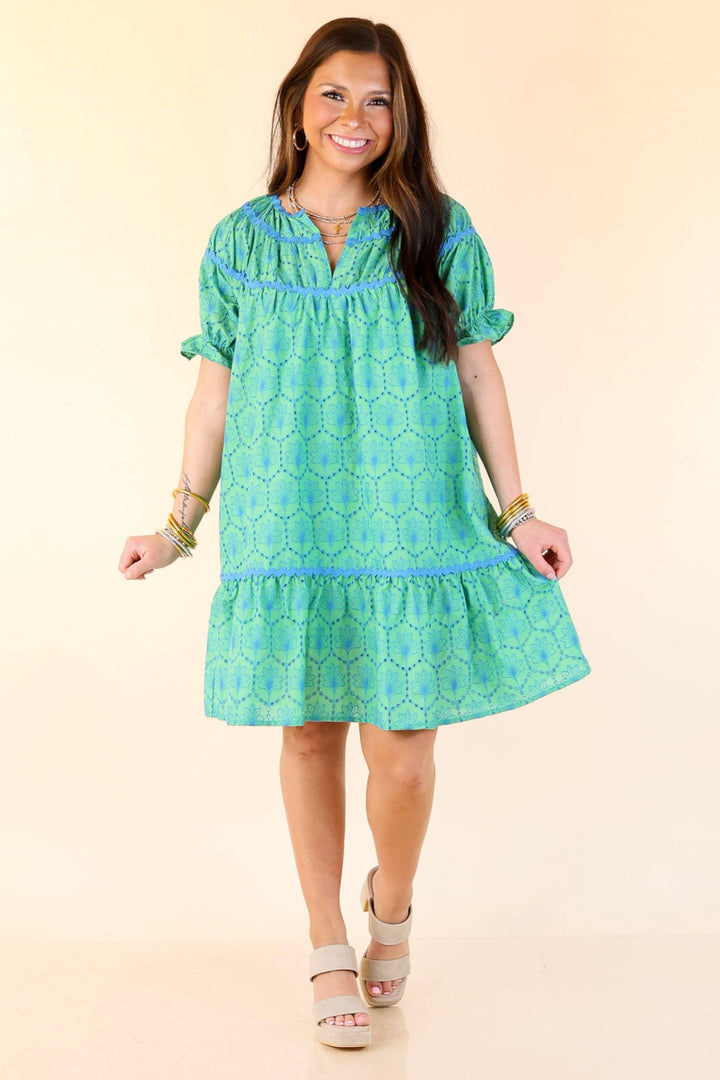 Sweet & Sassy Puff Sleeve Blue Embroidered Eyelet A-Line Dress in Green