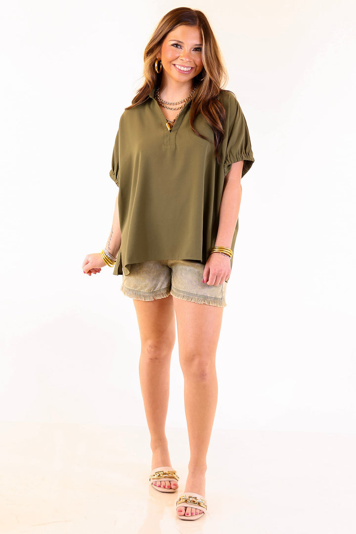 Fresh Start Collared V-Neck Blouse With Drop Shoulder in Olive Green