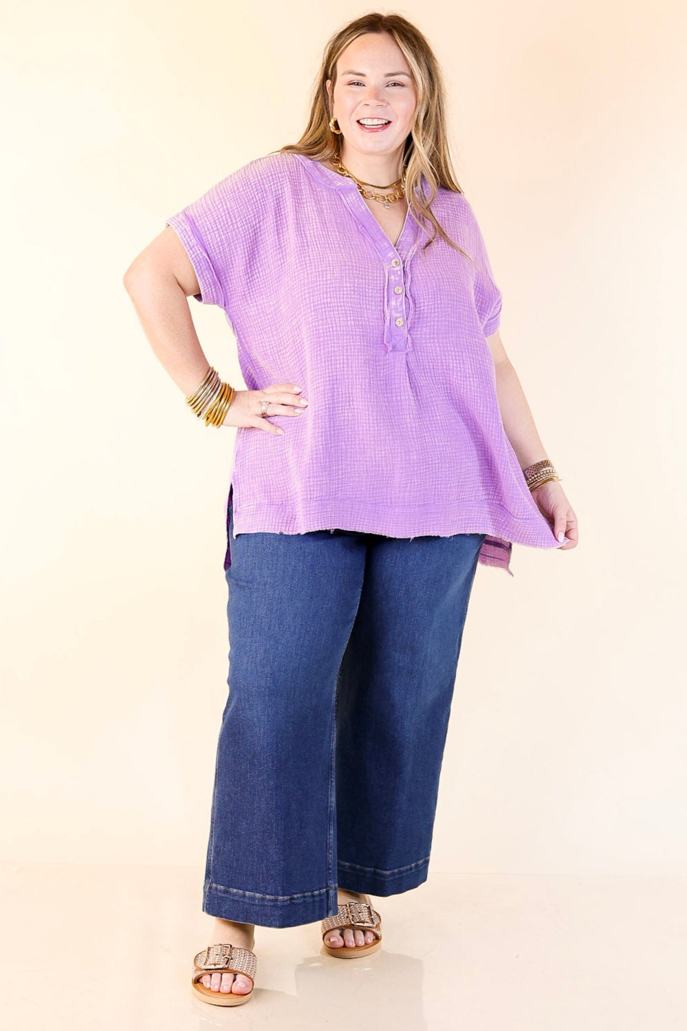 Simple Statement Quarter Button Up Short Drop Sleeve Shirt in Purple