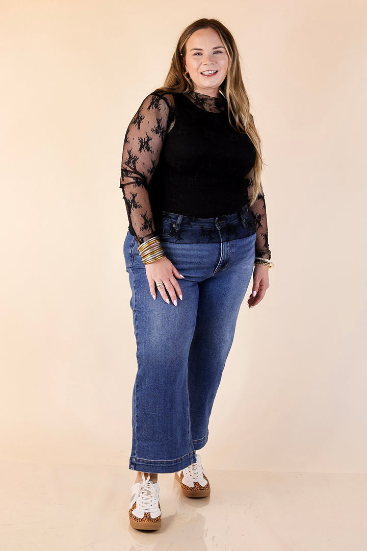 Daringly Delicate Sheer Mock Neck Long Sleeve Lace Top in Black