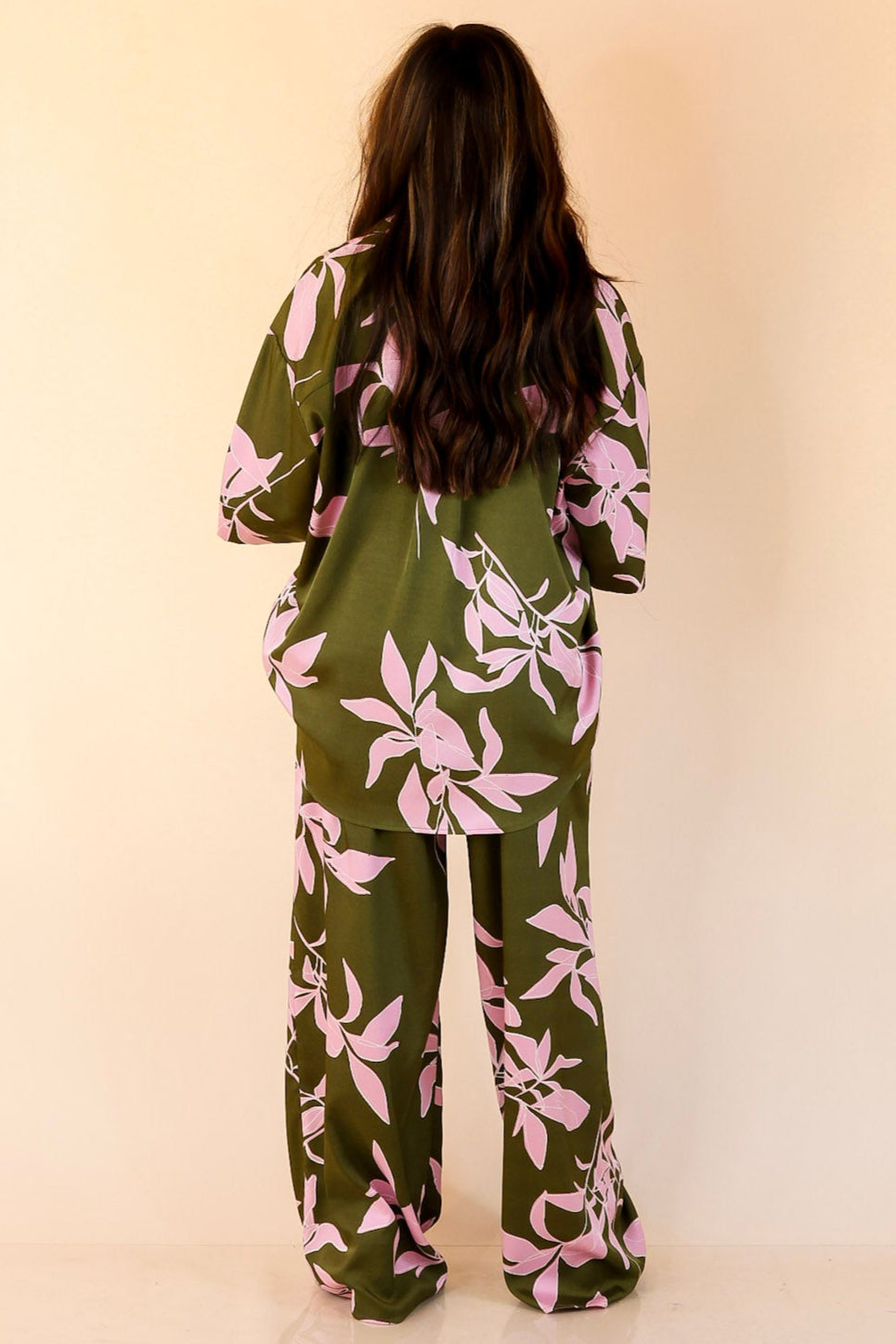 Calm and Collected Drawstring Bottoms with Pink Leaves in Olive Green