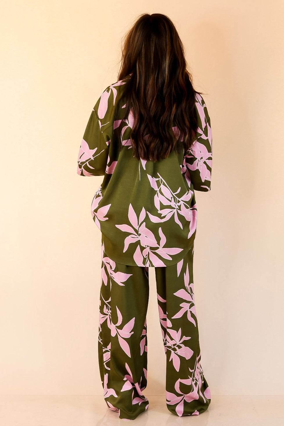 Calm and Collected Button Up Top with Pink Leaves in Olive Green