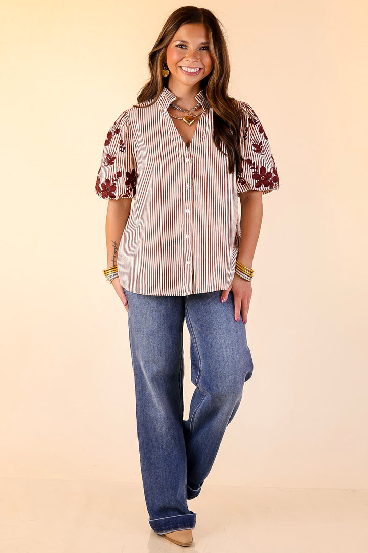 Sweet Intentions Button Down Striped Top with Puff Embroidered Sleeves in Maroon
