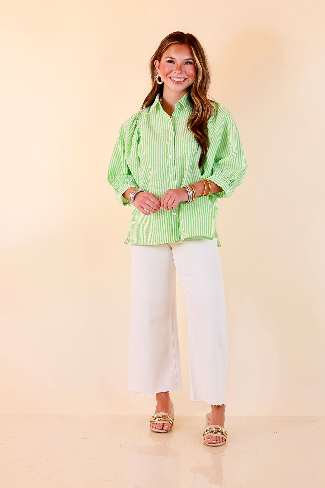Crisp and Collected Stripe Button Front Collared Top with Puff Short Sleeves in Lime Green and White