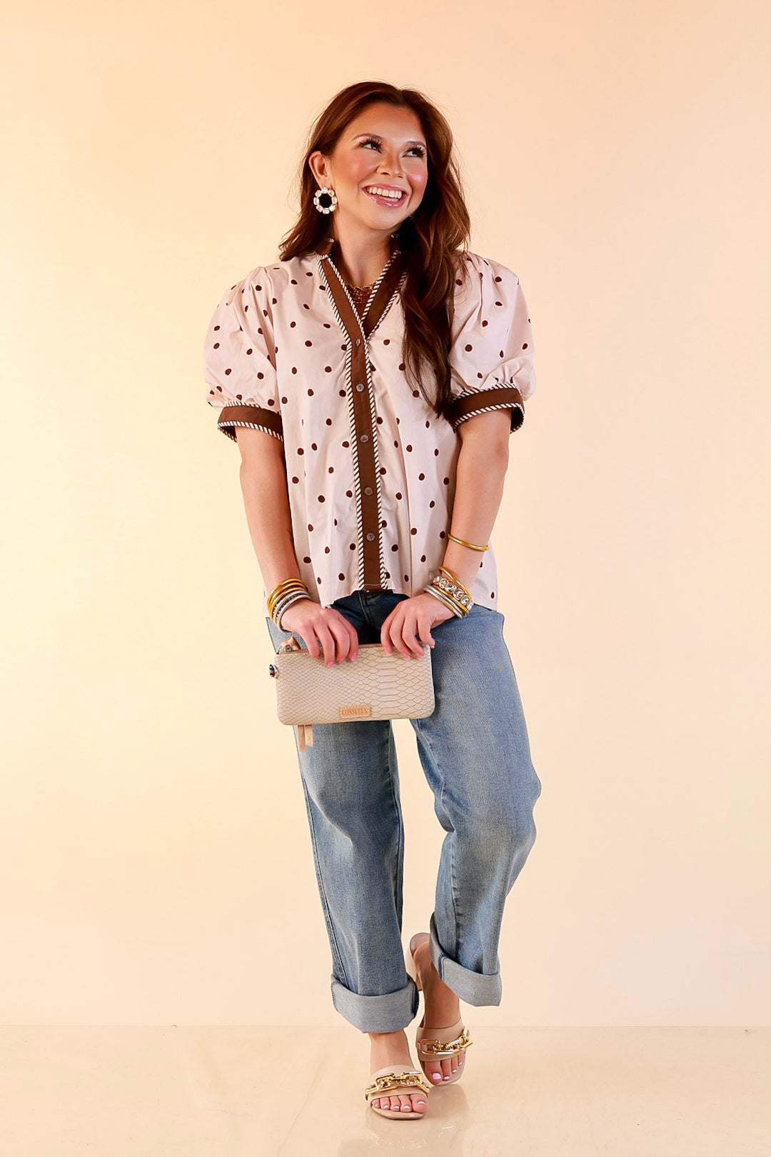 Pop of Polish Short Puff Sleeve Button Front Polka Dot Print Top with Contrast Trim in Ivory and Chocolate Brown