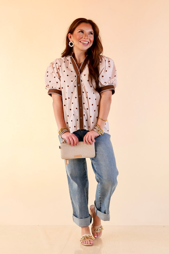 Pop of Polish Short Puff Sleeve Button Front Polka Dot Print Top with Contrast Trim in Ivory and Chocolate Brown