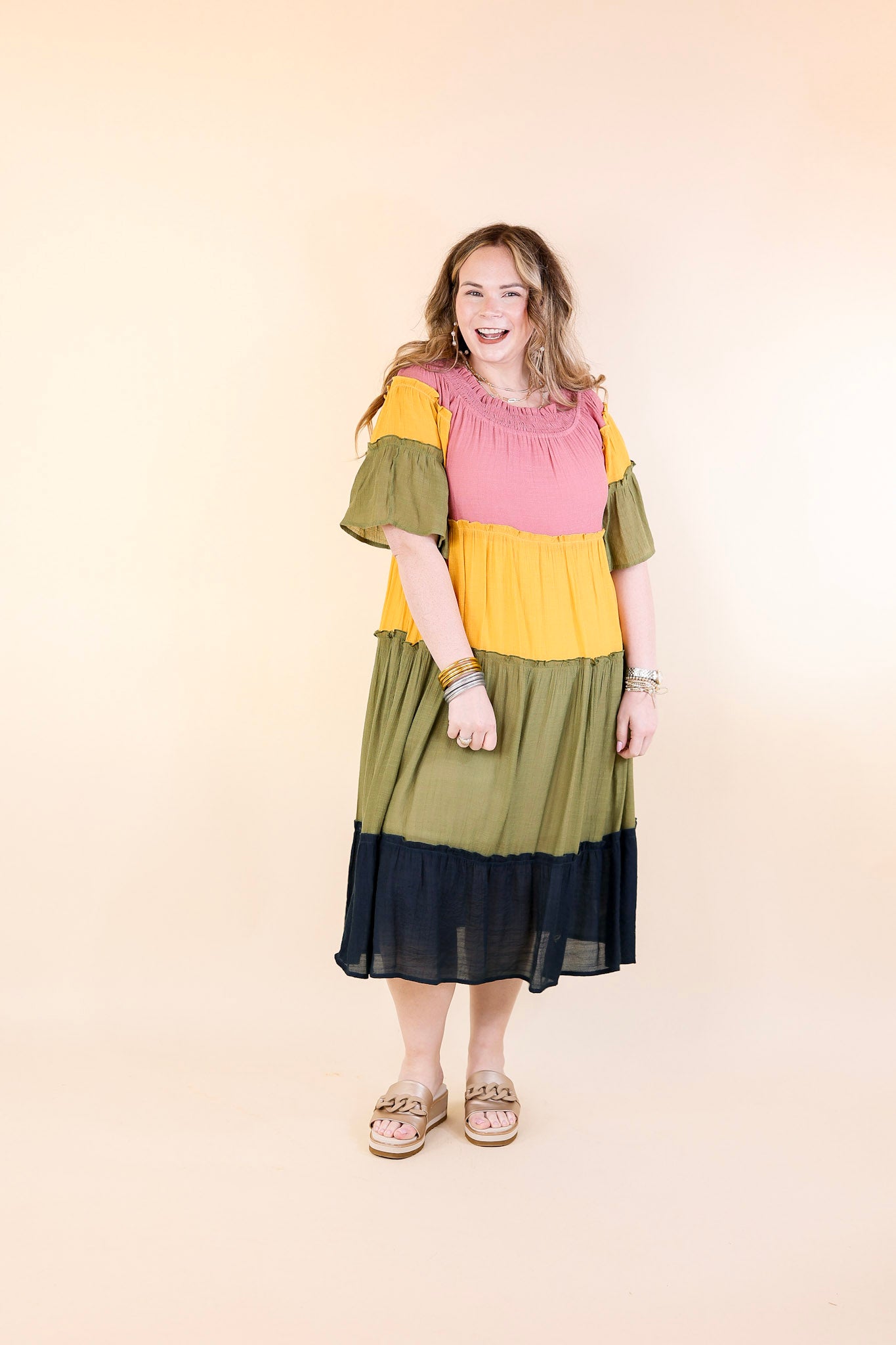 In the Villa Color Block Off the Shoulder Midi Dress in Mustard, Olive, Mauve, and Navy