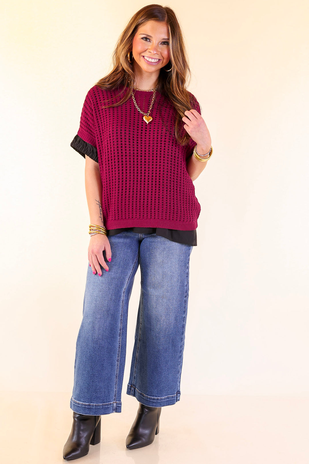 Breezy Intentions Open Knit Short Sleeve Sweater in Maroon