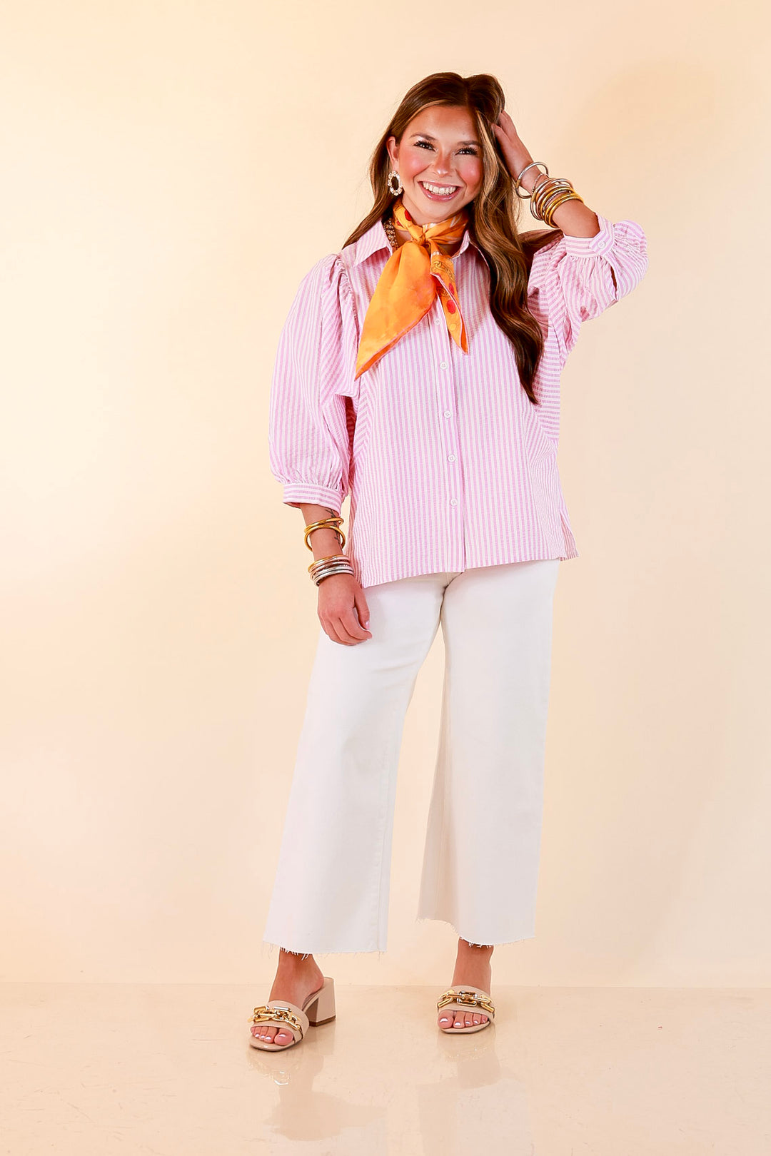 Crisp and Collected Stripe Button Front Collared Top with Puff Short Sleeves in Pink and White