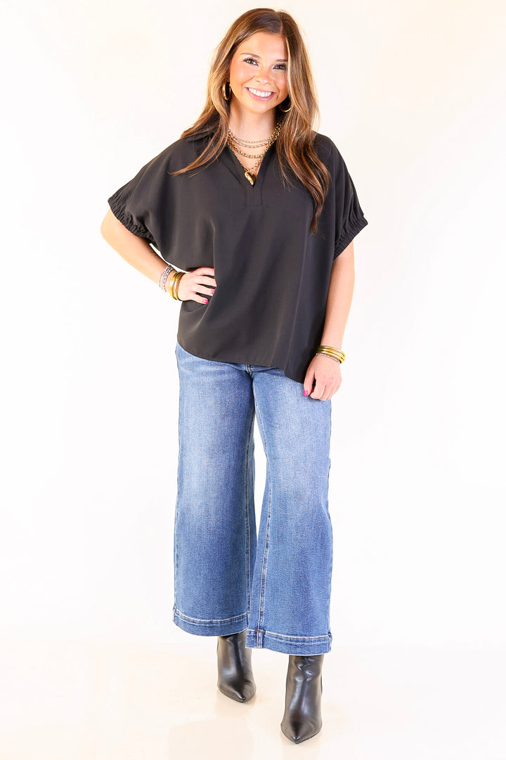 Fresh Start Collared V-Neck Blouse With Drop Shoulder in Black