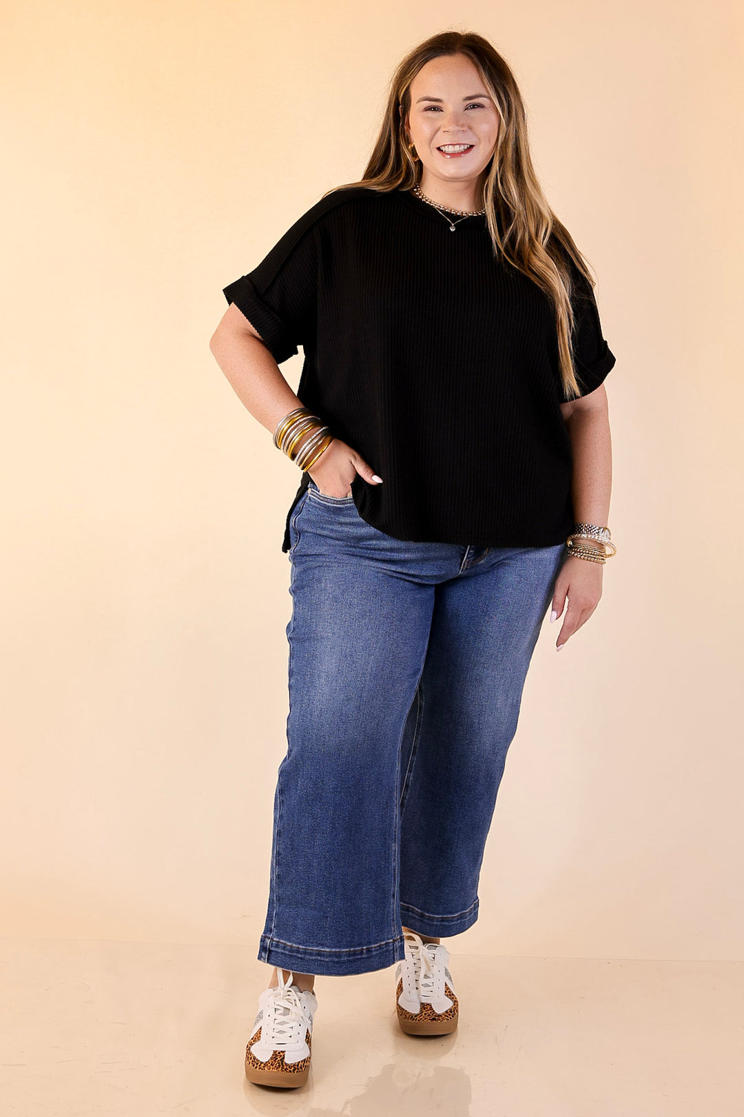 Daily Perfection Scoop Neck Short Sleeve Ribbed Top in Black