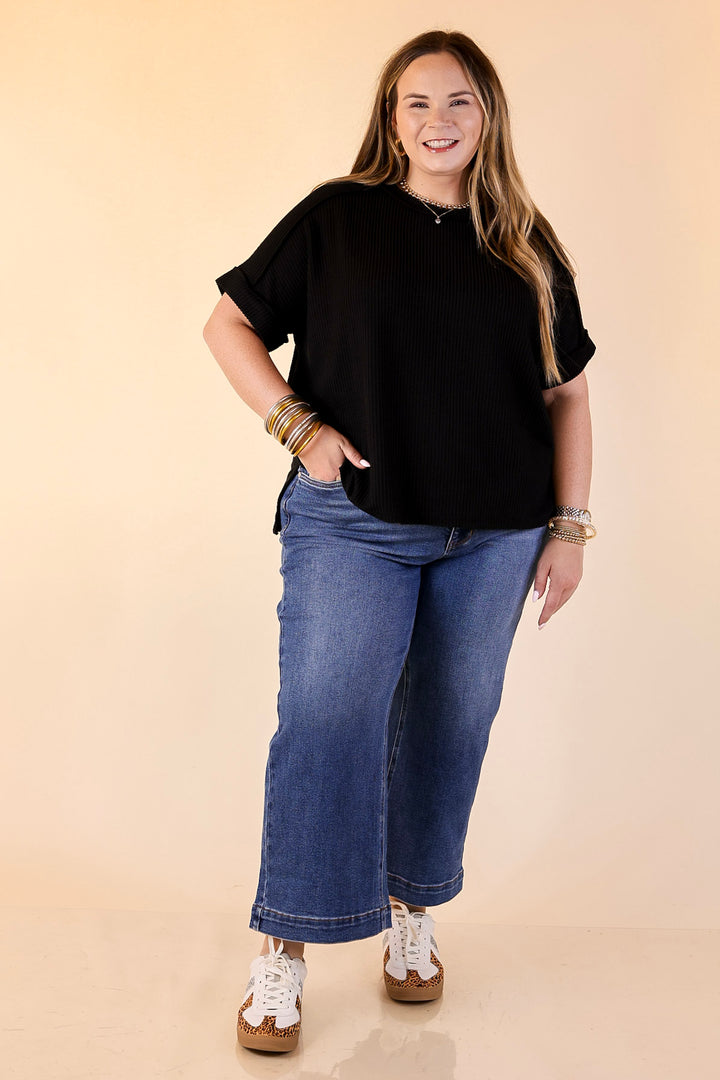 Daily Perfection Scoop Neck Short Sleeve Ribbed Top in Black