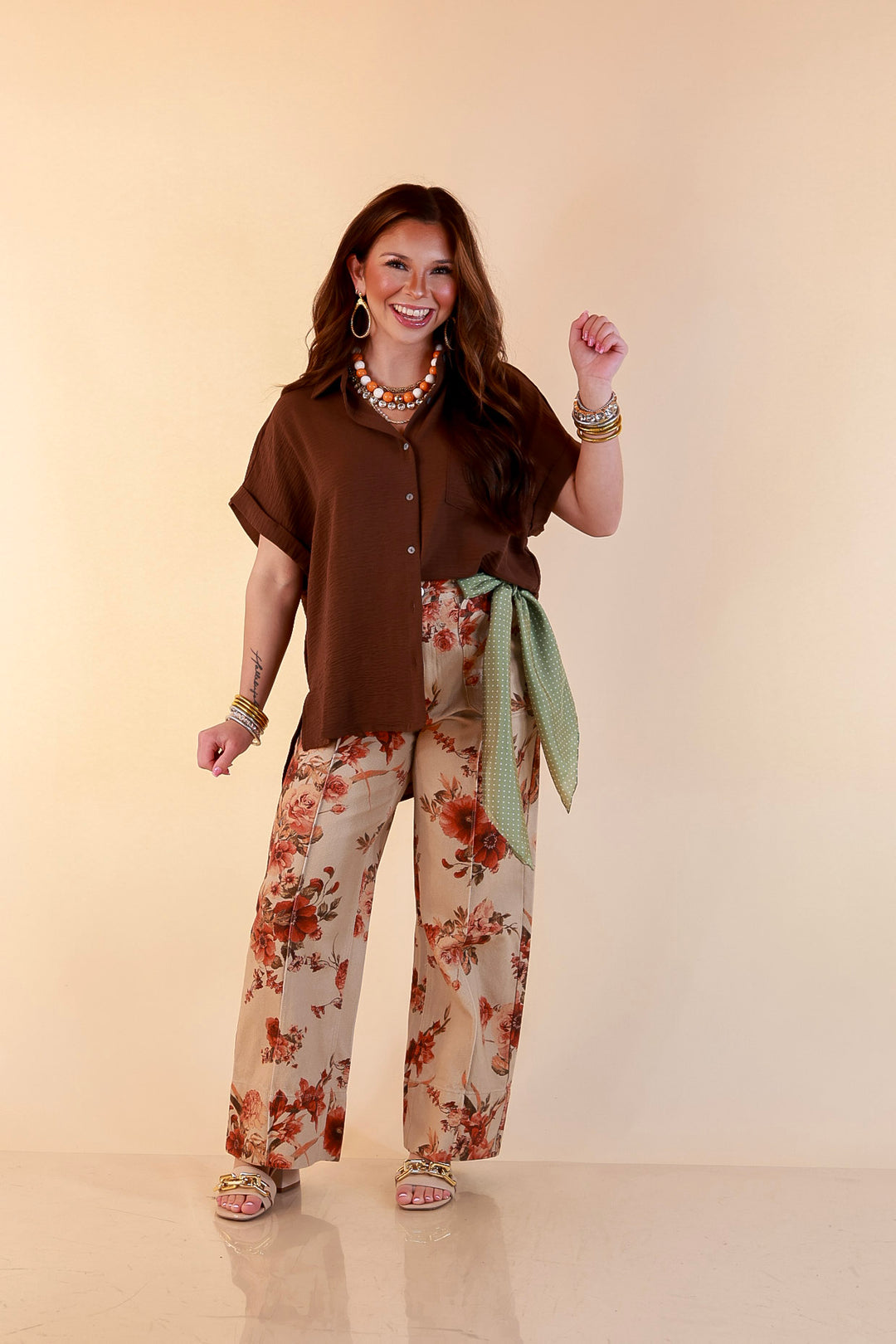 Timeless Appeal Woven Airflow Button Front Top with Rolled Cuff Short Sleeves and Front Pocket in Chocolate Brown