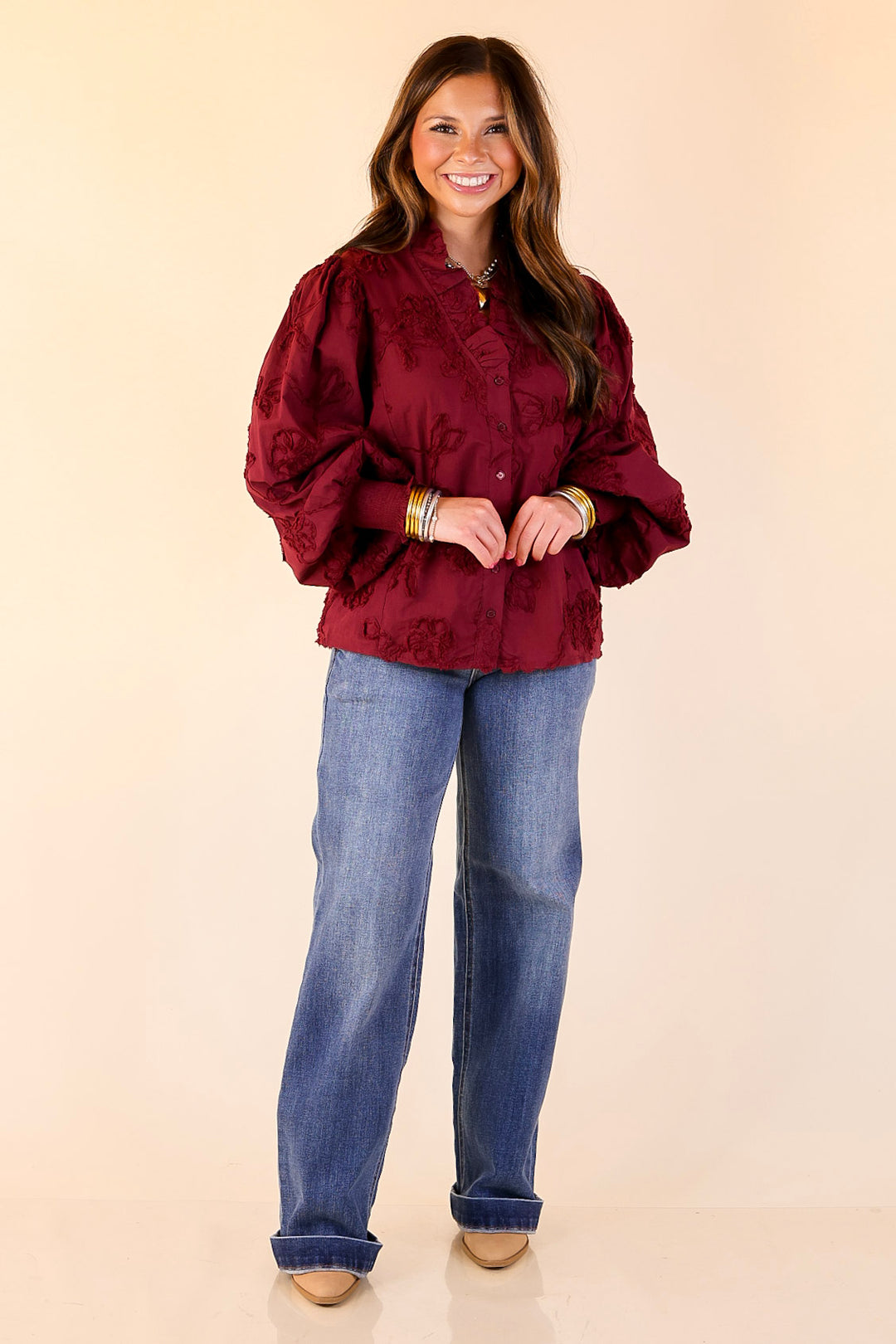Timeless Romance Ruffled V Neck Floral Applique Embroidered Top in Maroon