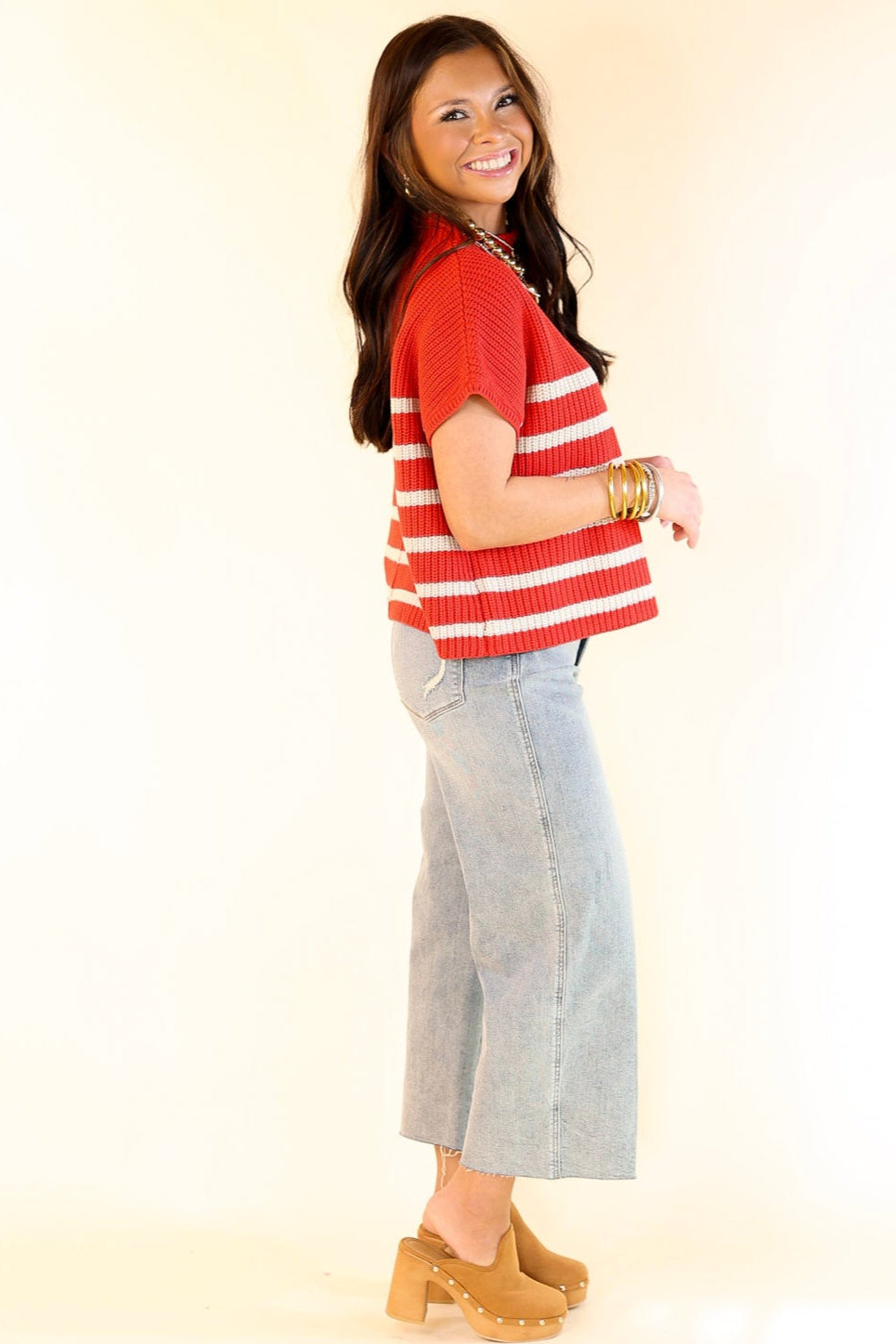 Repeat Worthy Striped Cap Sleeve Cropped Sweater with Front Pocket in Ruby Red