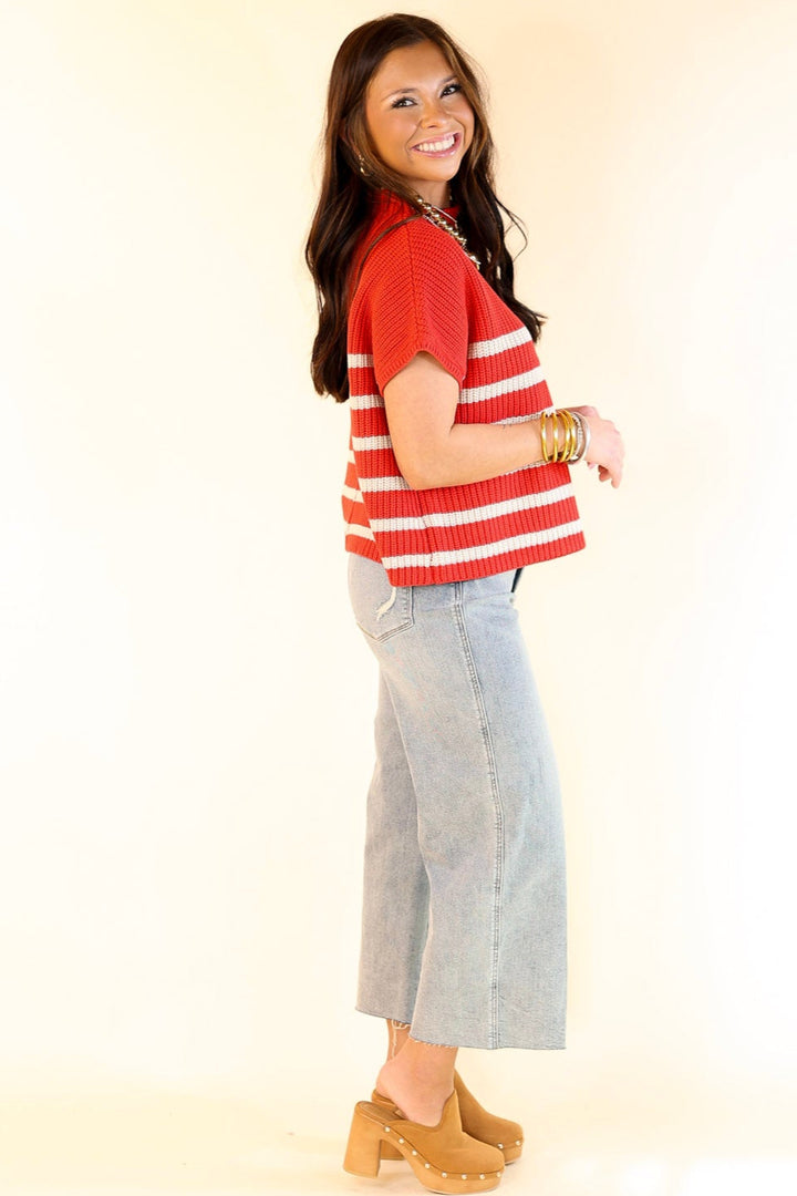 Repeat Worthy Striped Cap Sleeve Cropped Sweater with Front Pocket in Ruby Red