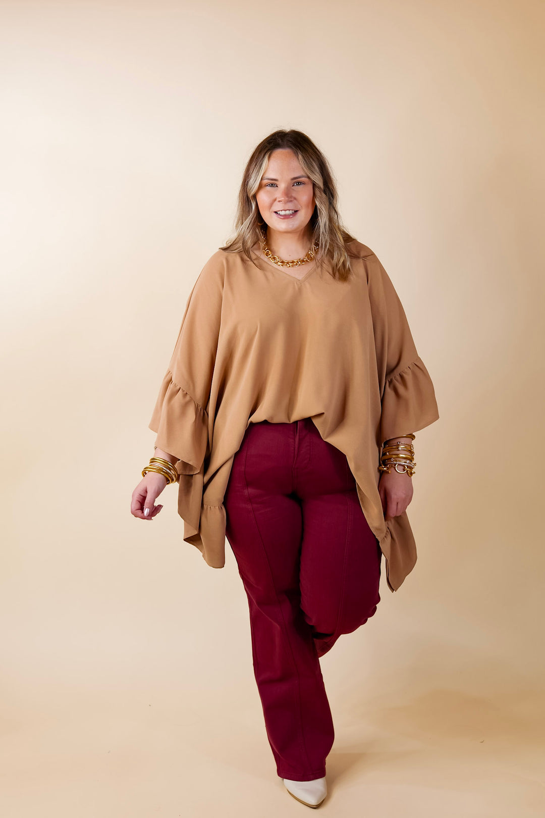 Secret Strength Ruffle Detail Poncho Top in Mocha Brown - Giddy Up Glamour Boutique