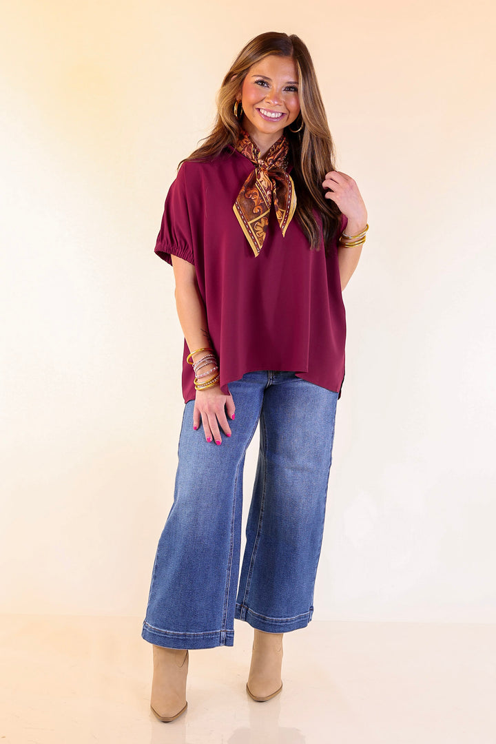 Fresh Start Collared V-Neck Blouse With Drop Shoulder in Maroon
