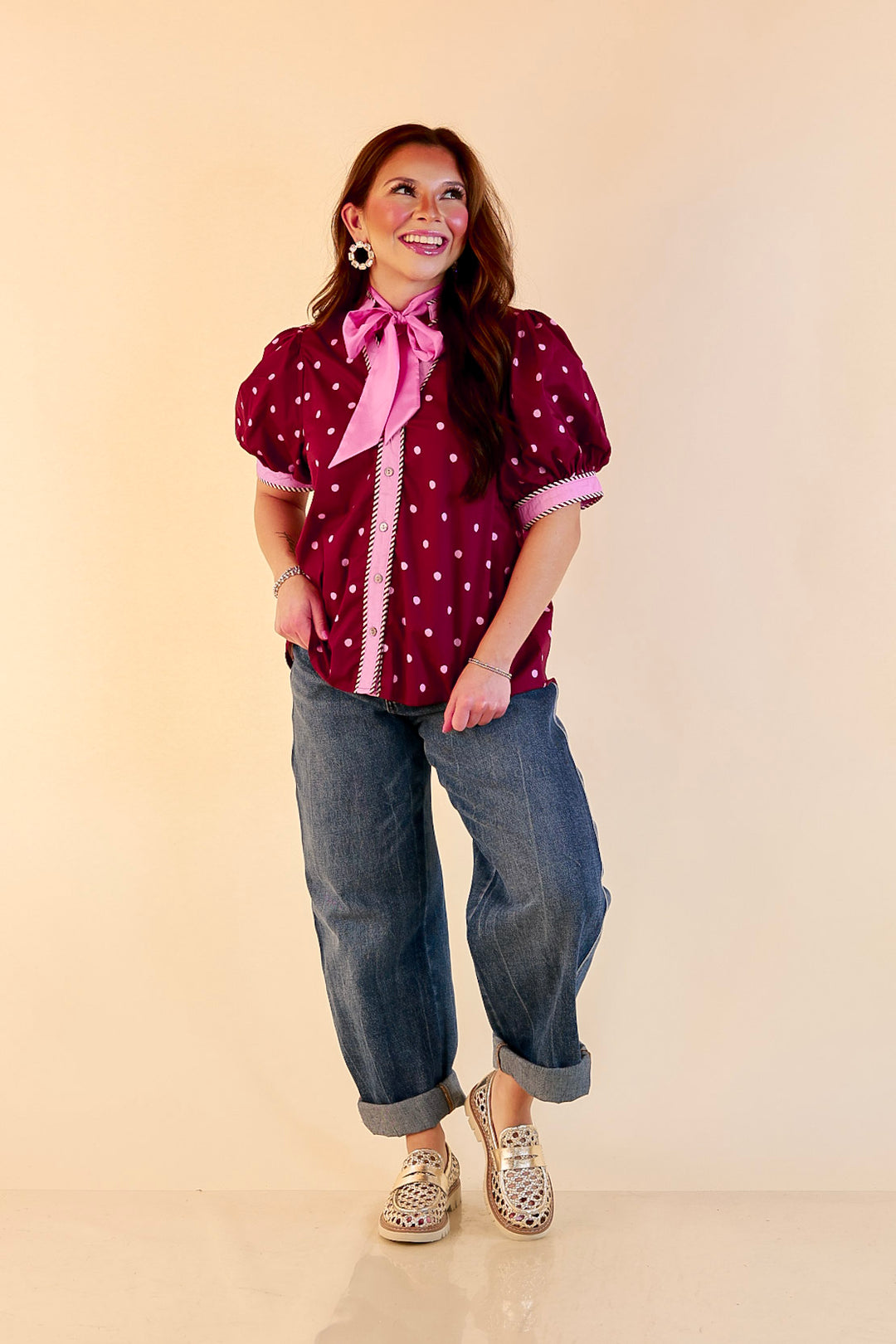 Pop of Polish Short Puff Sleeve Button Front Polka Dot Print Top with Contrast Trim in Maroon and Pink