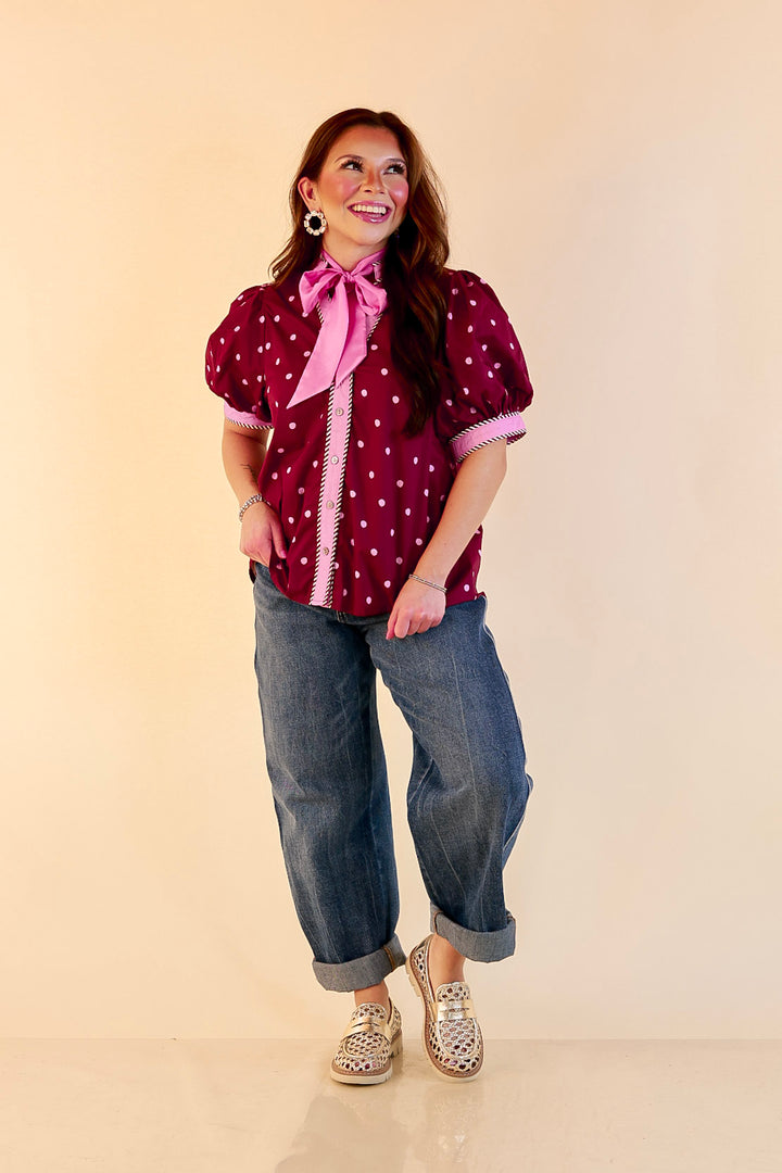 Pop of Polish Short Puff Sleeve Button Front Polka Dot Print Top with Contrast Trim in Maroon and Pink
