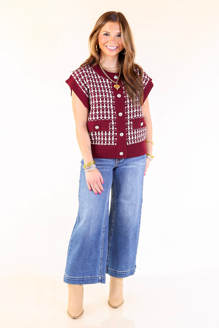 Statement Maker Button Front Large Tweed Sweater Vest in Maroon
