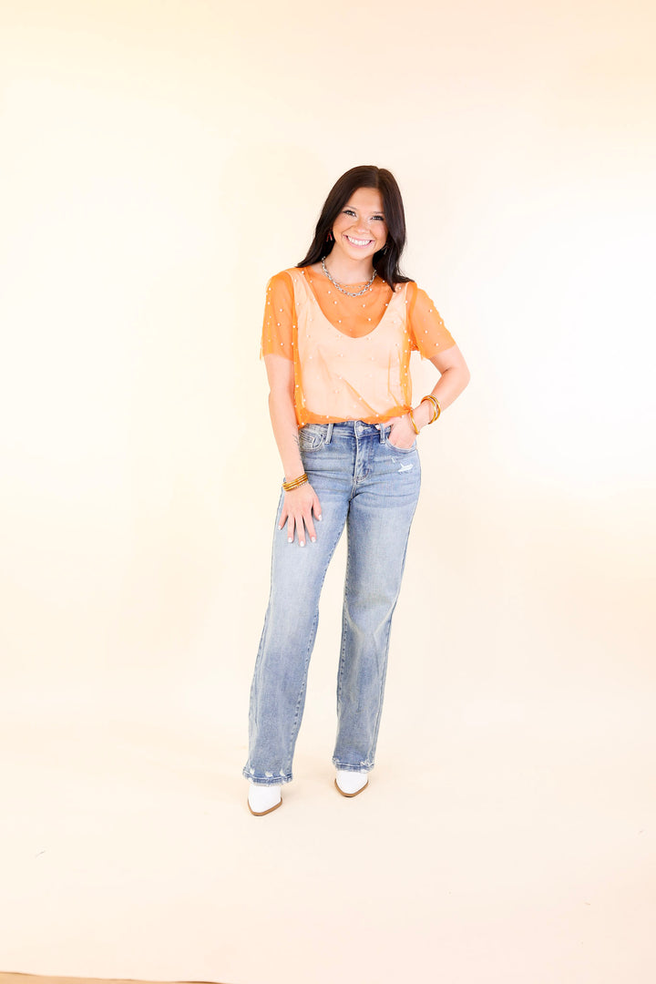 Shimmer in Style Mesh Short Sleeve Top with Pearls and Rhinestones in Orange