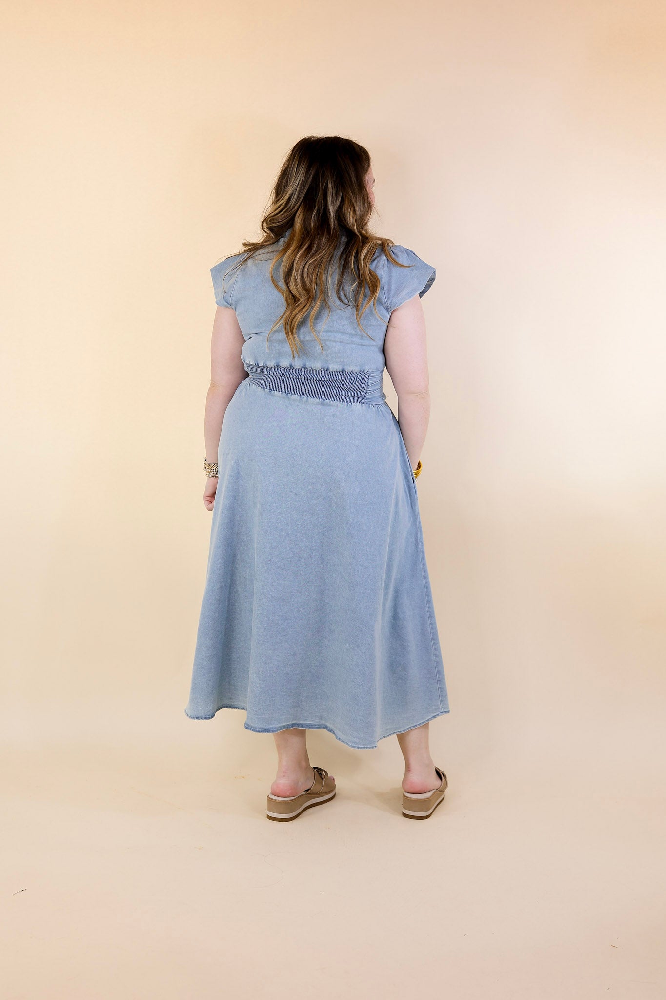 Timeless Threads Midi Maxi Dress with Smocked Bodice in Light Wash