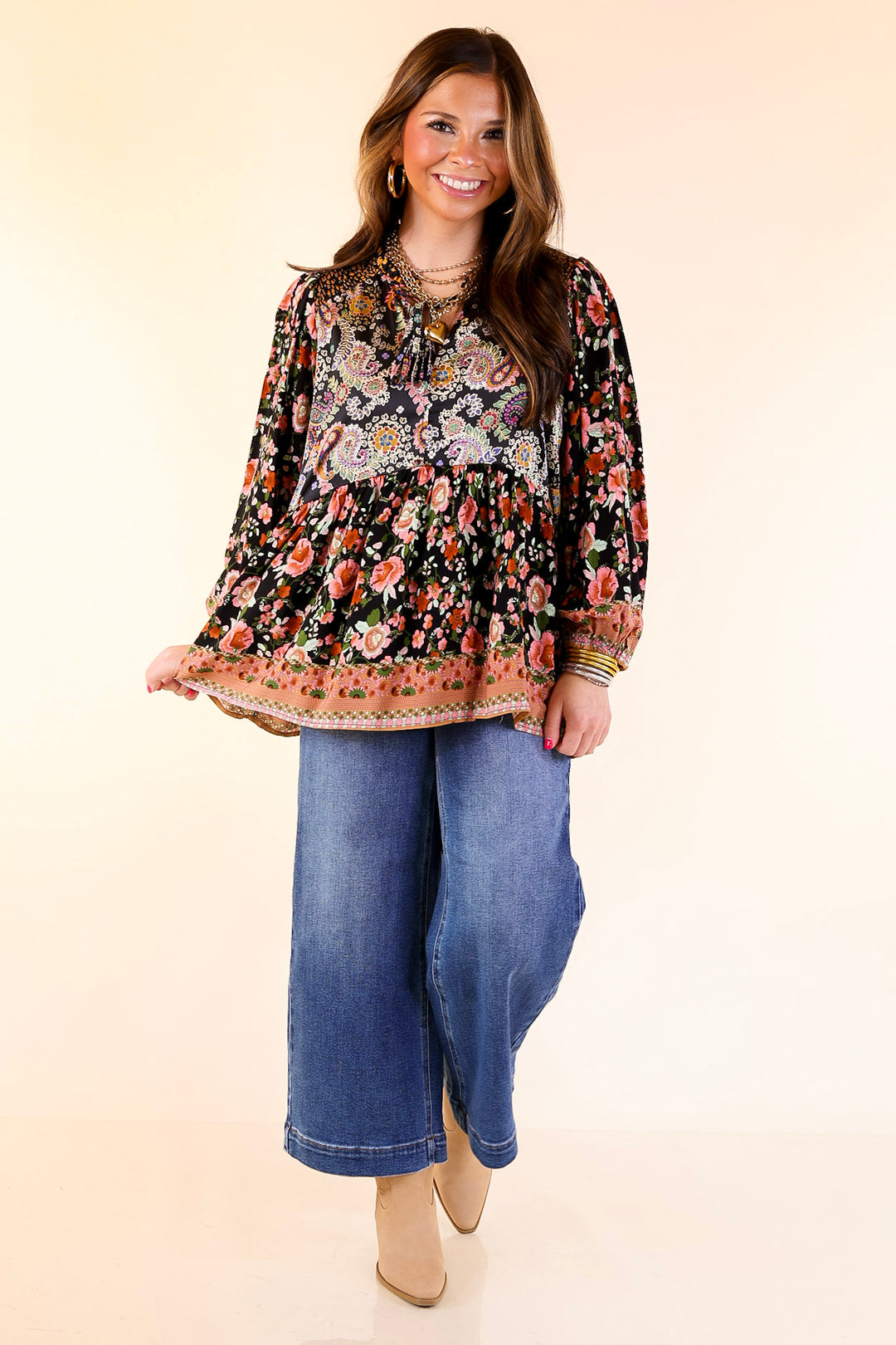 Floral Fusion Long Sleeve Floral Print Top in Black