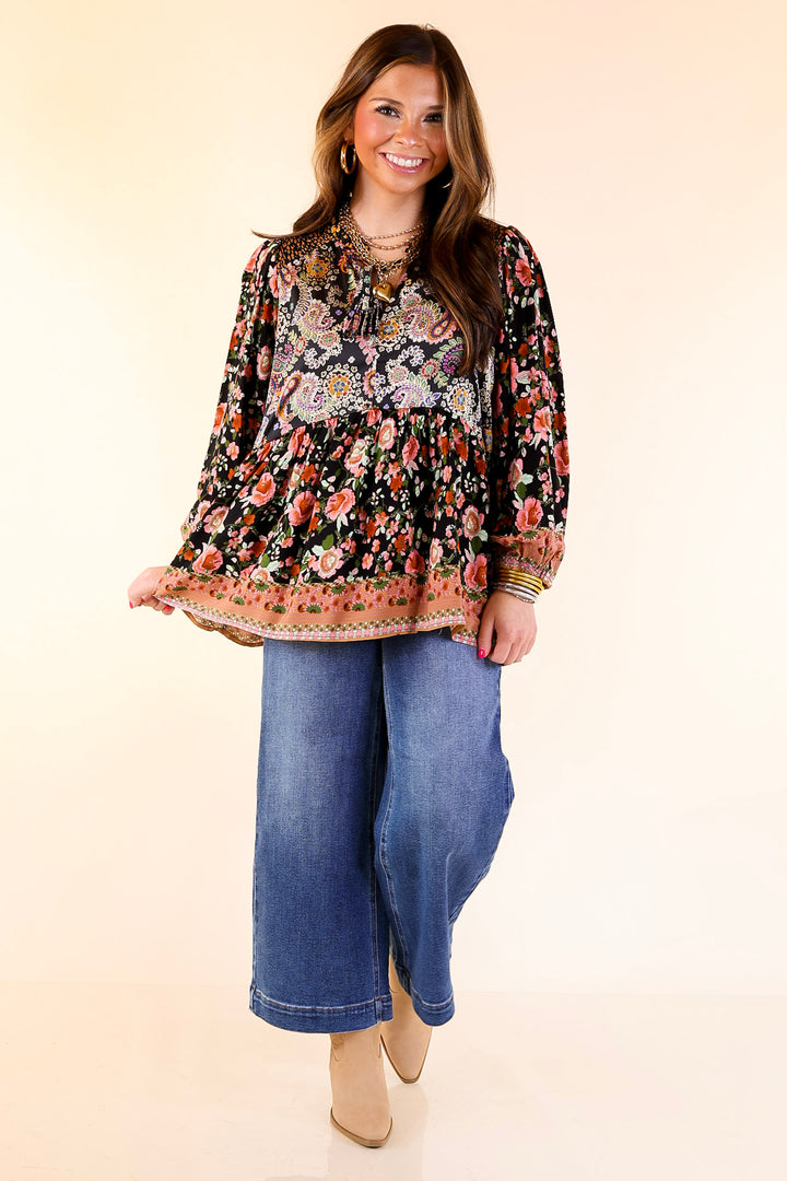 Floral Fusion Long Sleeve Floral Print Top in Black